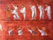 Великий Четверг. Причащение апостолов. VI в. Миниатюра Евангелия из Россано. Музей в Россано, Италия
