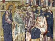 Великая Пятница. Христос на допросе у Анны. Фреска Старо-Нагорично, Македония. XII-XIV в.