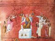 Великая Пятница. Иудеи требуют смерти Христу: «Да будет распят!». VI в. Миниатюра Евангелия из Россано. Музей в Россано, Италия
